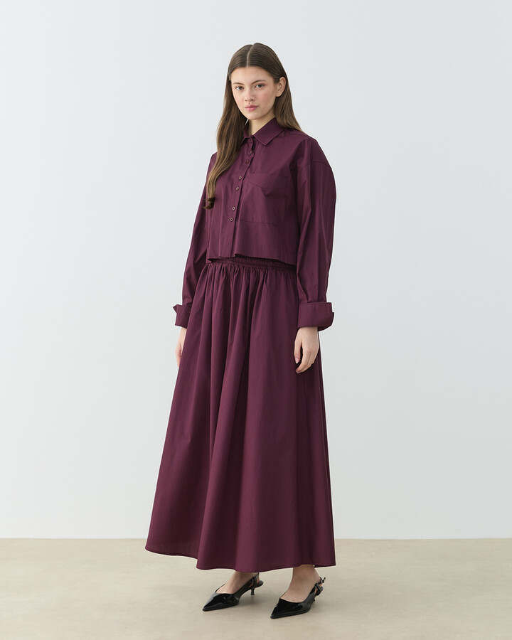 Poplin Kısa Crop Cepli Gömlek Bordo