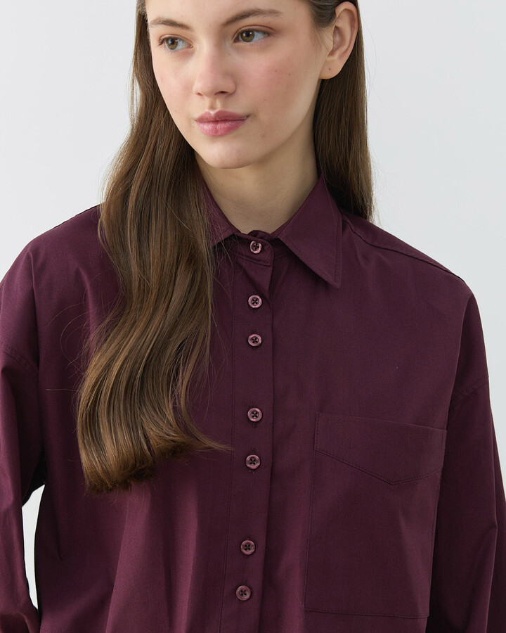 Poplin Kısa Crop Cepli Gömlek Bordo
