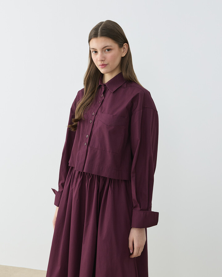 Poplin Kısa Crop Cepli Gömlek Bordo