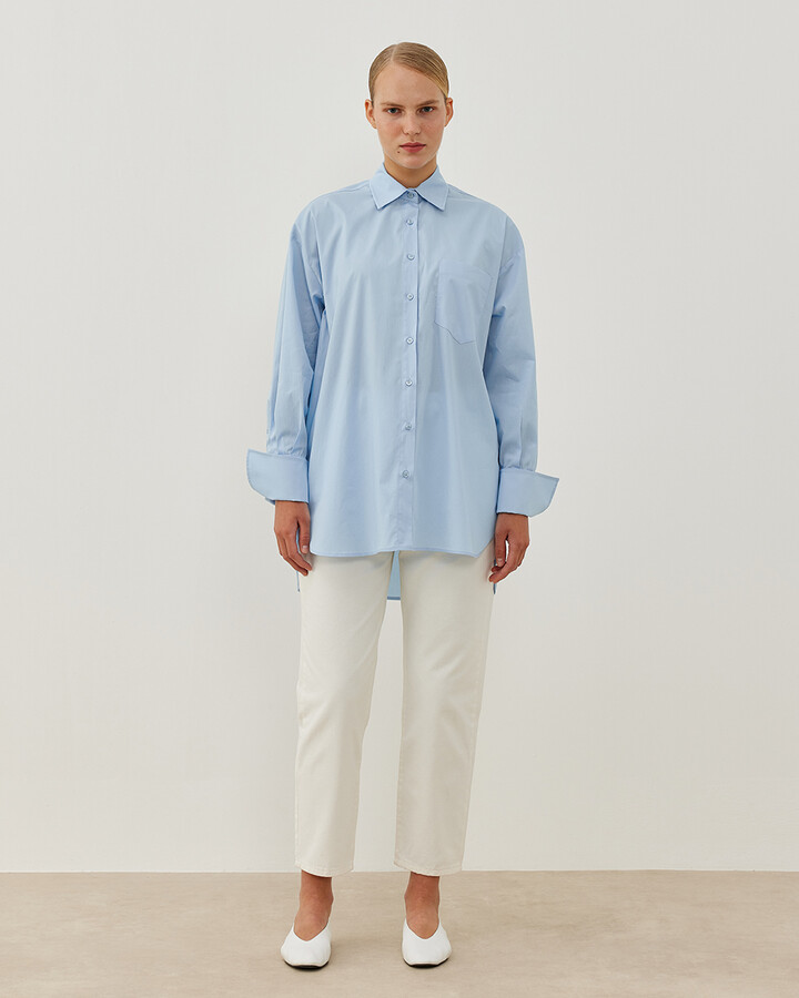Poplin Oversize Manşetli Gömlek Mavi