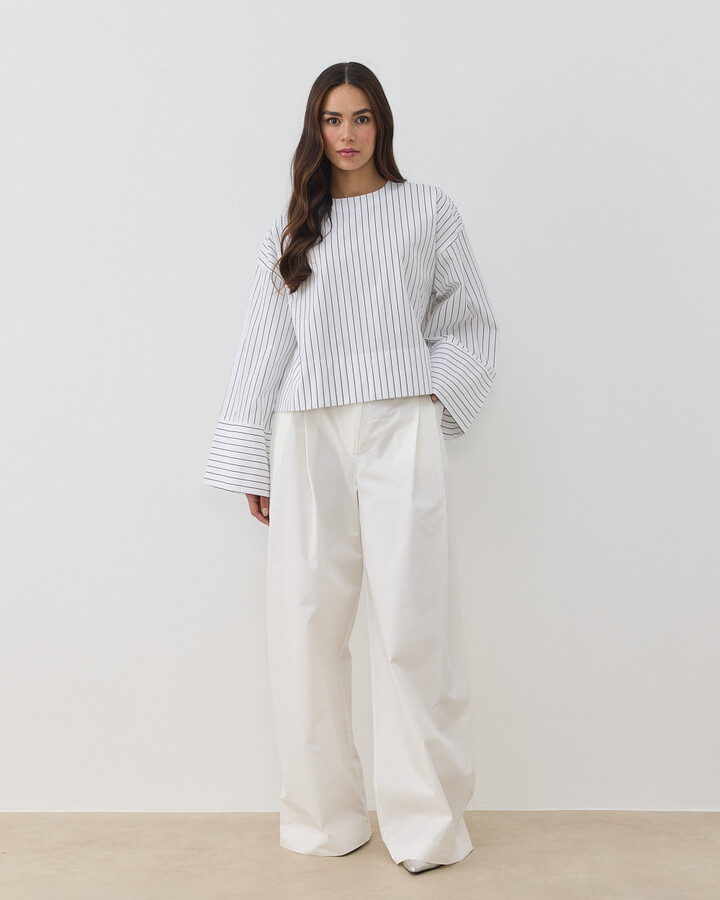 Premium Çizgili Poplin Seyyar Atkılı Kimono Bluz Siyah Çizgili
