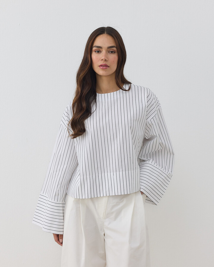 Premium Çizgili Poplin Seyyar Atkılı Kimono Bluz Siyah Çizgili