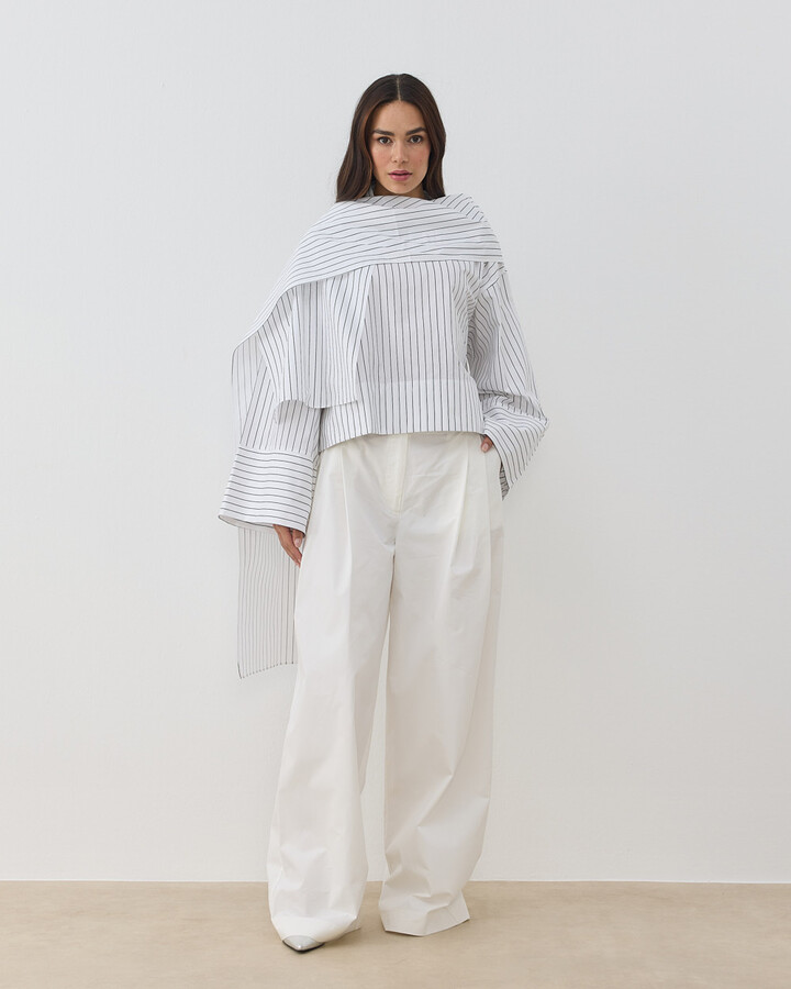 Premium Çizgili Poplin Seyyar Atkılı Kimono Bluz Siyah Çizgili
