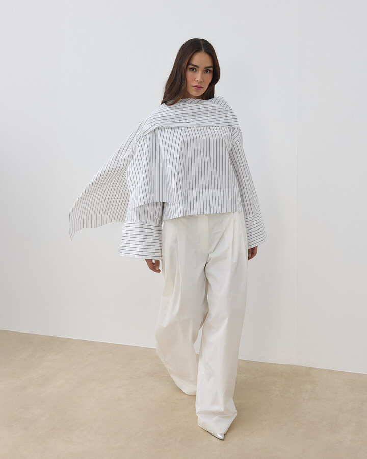 Premium Çizgili Poplin Seyyar Atkılı Kimono Bluz Siyah Çizgili