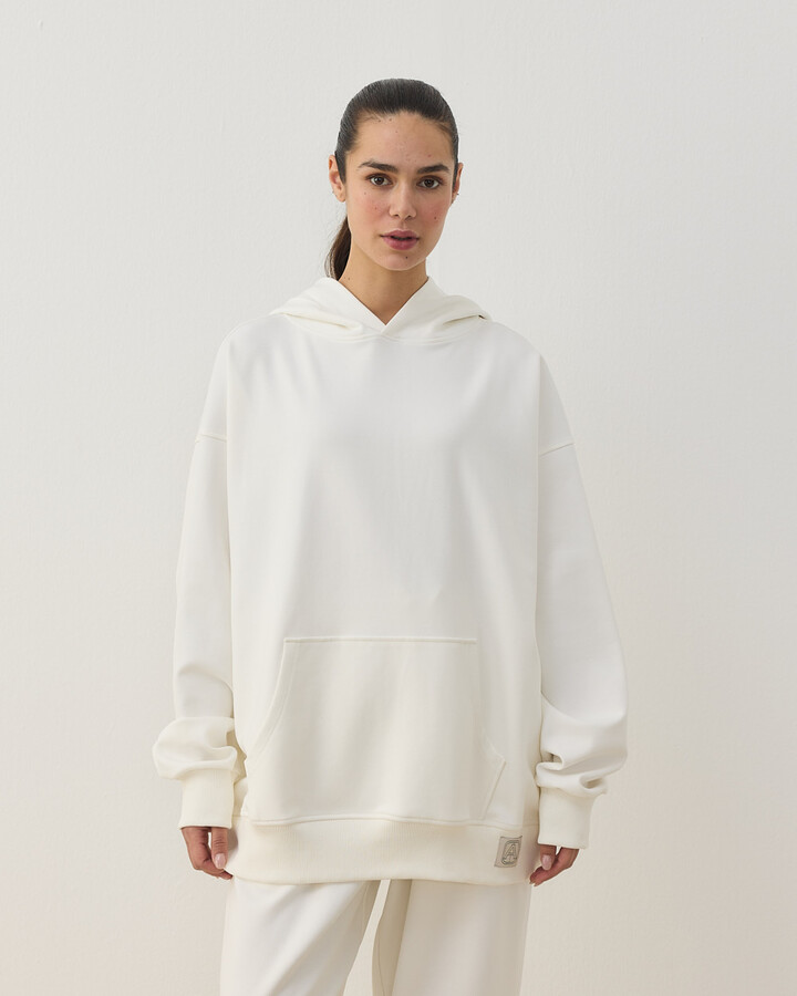 Premium Doubleface Kapüşonlu Hoodie Sweatshirt Ekru