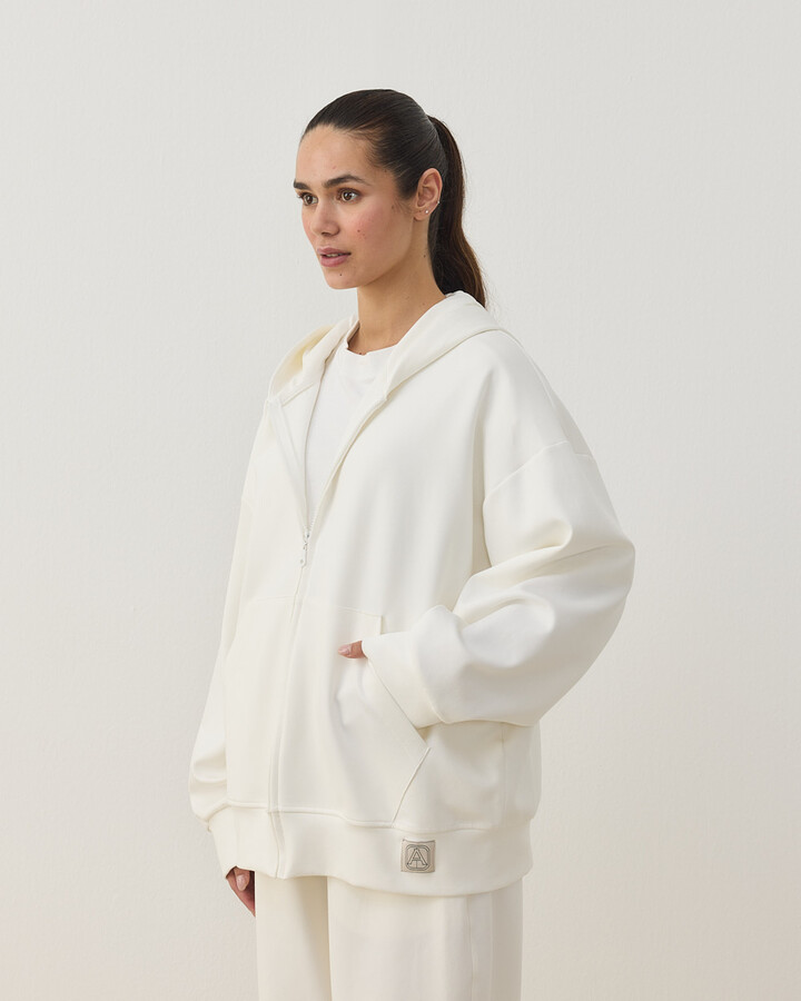 Premium Doubleface Fermuarlı Kapüşonlu Sweatshirt Ekru