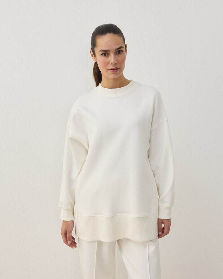 Premium Doubleface Yanı Ribanalı Stil Sweatshirt Ekru