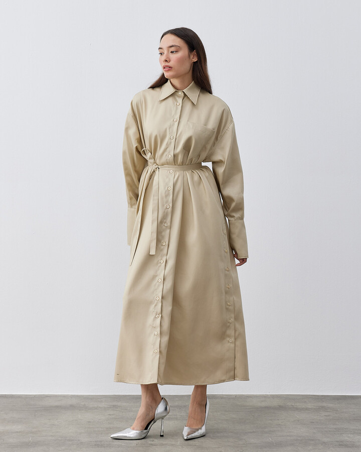 Premium Oversize Yırtmaçlı Uzun Düğmeli Gömlek Elbise Bej