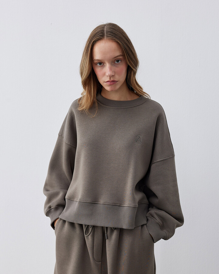 Şardonlu Üç İplik Oversize Mini Sweat Haki