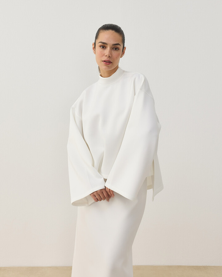 Scuba Yırtmaçlı Kimono Kol Basic Bluz Beyaz