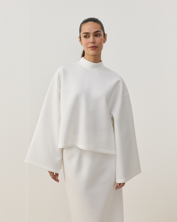Scuba Yırtmaçlı Kimono Kol Basic Bluz Beyaz