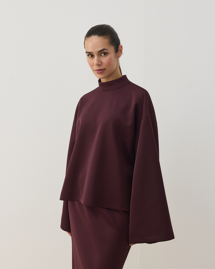 Scuba Yırtmaçlı Kimono Kol Basic Bluz Bordo