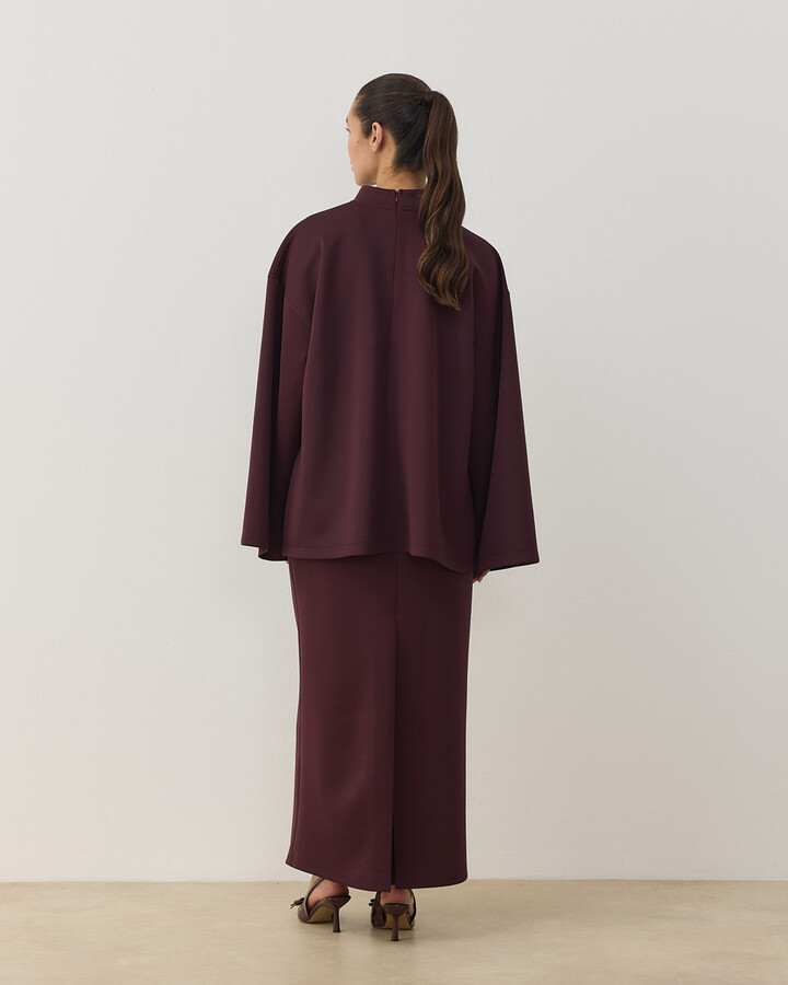 Scuba Yırtmaçlı Kimono Kol Basic Bluz Bordo