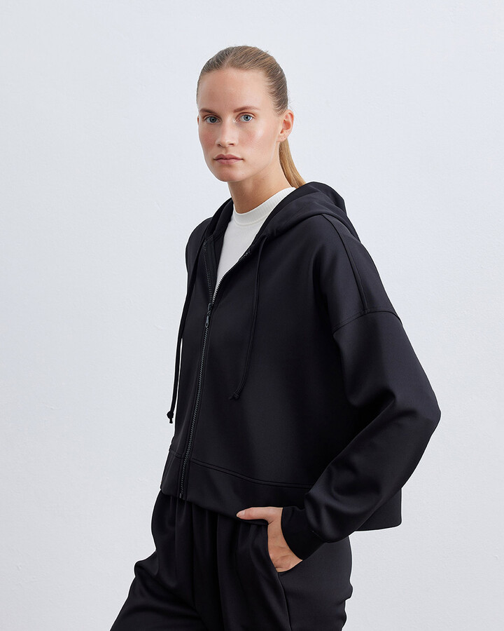 Siyah Scuba Kısa Kapüşonlu Sweatshirt
