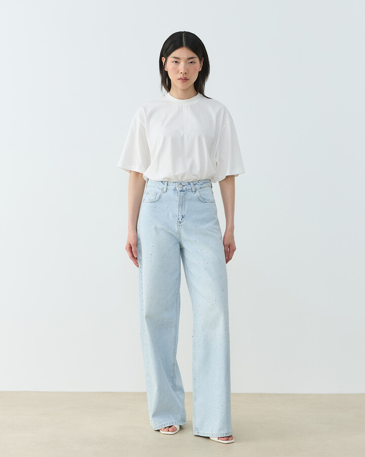 Taşlı Baggy Fit Jean Açık Mavi