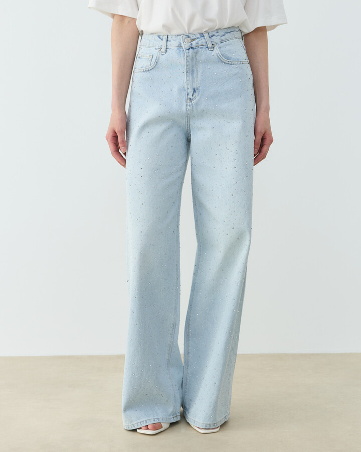 Taşlı Baggy Fit Jean Açık Mavi