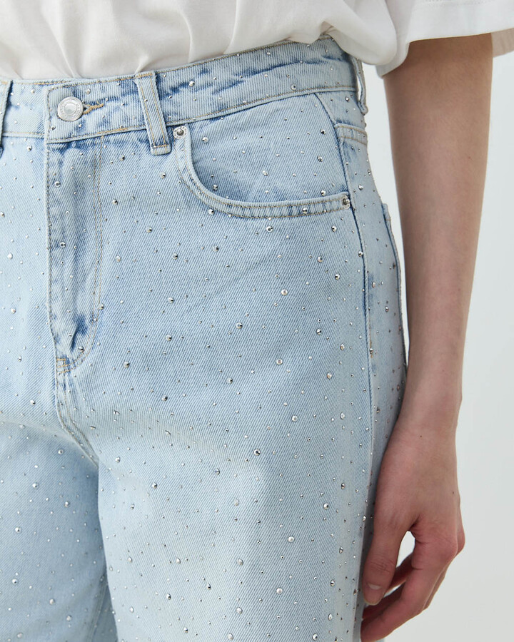 Taşlı Baggy Fit Jean Açık Mavi