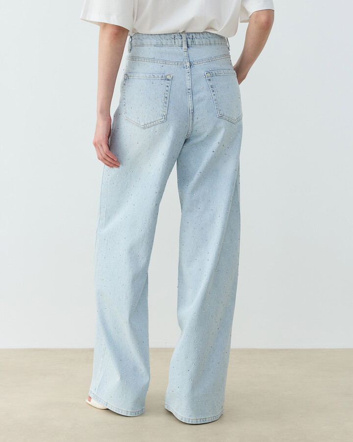 Taşlı Baggy Fit Jean Açık Mavi