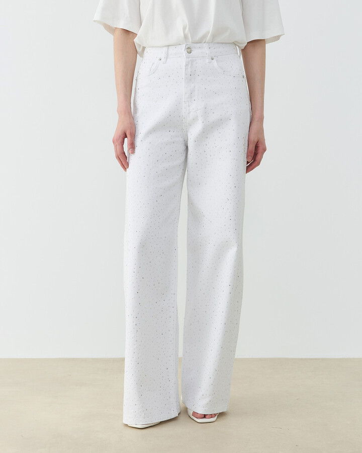 Taşlı Baggy Fit Jean Beyaz