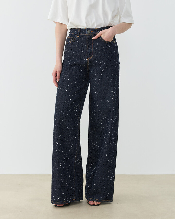 Taşlı Baggy Fit Jean Koyu Lacivert