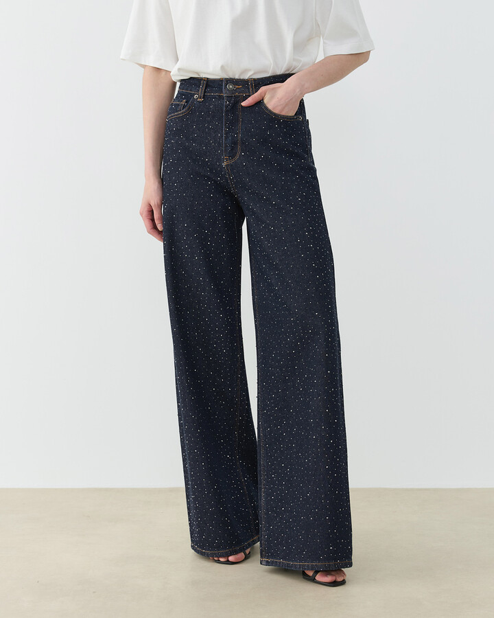 Taşlı Baggy Fit Jean Koyu Lacivert