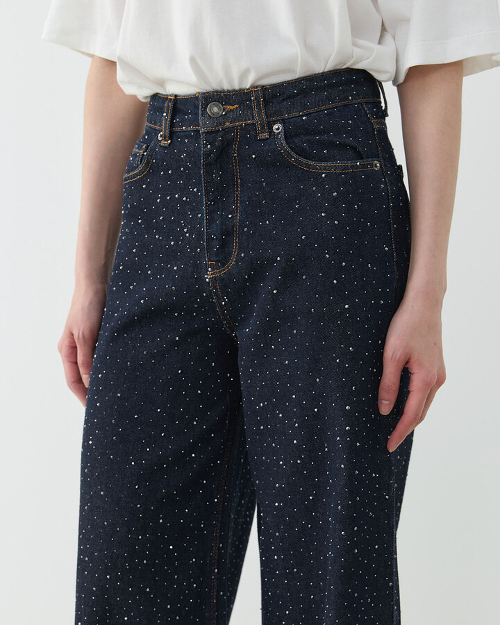 Taşlı Baggy Fit Jean Koyu Lacivert