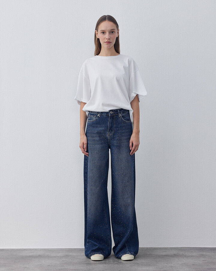 Taşlı Wide Leg Jean Koyu Mavi