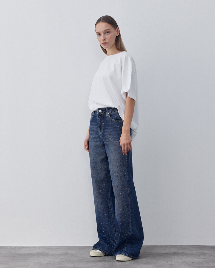 Taşlı Wide Leg Jean Koyu Mavi