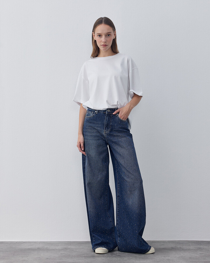 Taşlı Wide Leg Jean Koyu Mavi