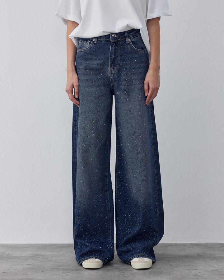 Taşlı Wide Leg Jean Koyu Mavi