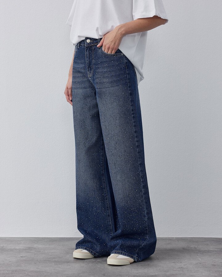 Taşlı Wide Leg Jean Koyu Mavi