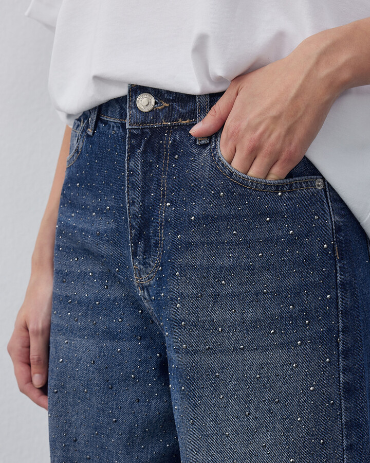 Taşlı Wide Leg Jean Koyu Mavi