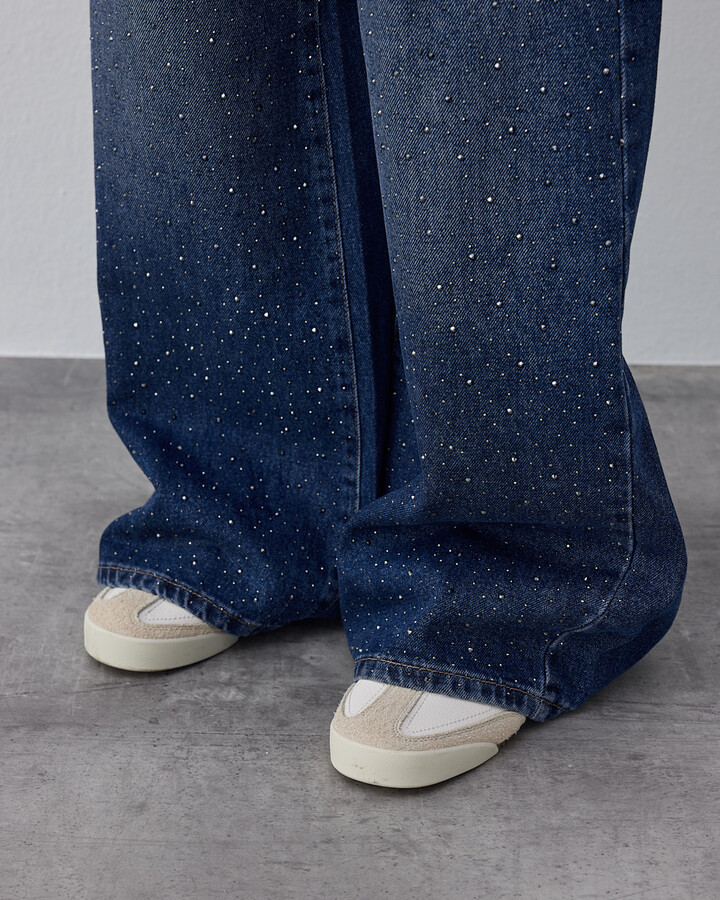 Taşlı Wide Leg Jean Koyu Mavi