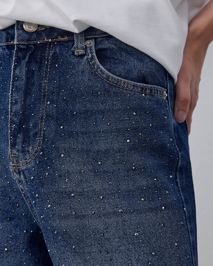 Taşlı Wide Leg Jean Koyu Mavi