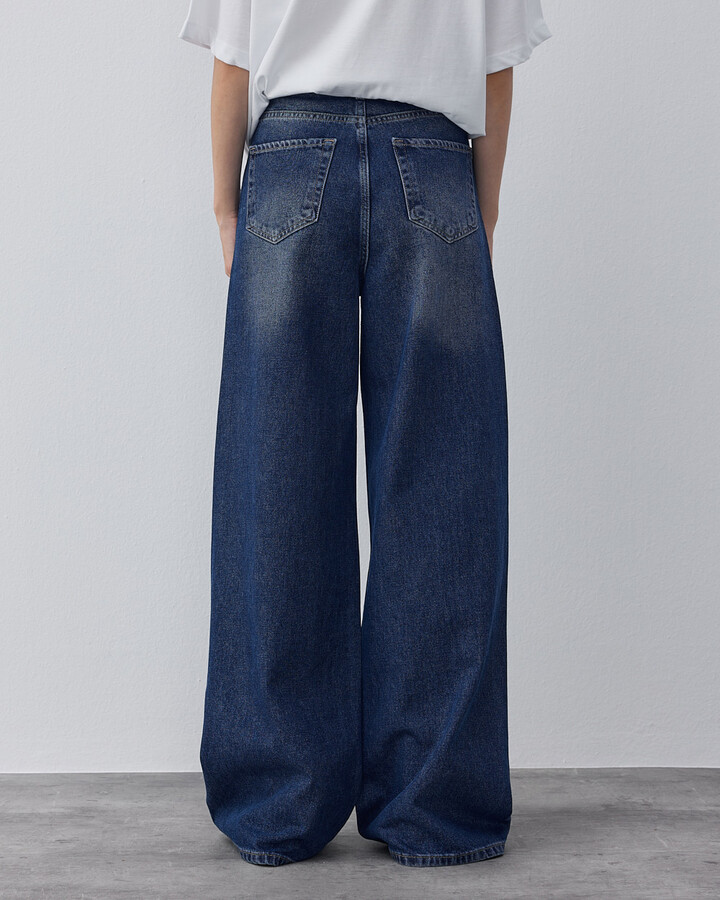 Taşlı Wide Leg Jean Koyu Mavi