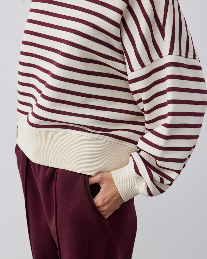 Üç İplik Çizgili Crop Sweat Bordo Çizgili