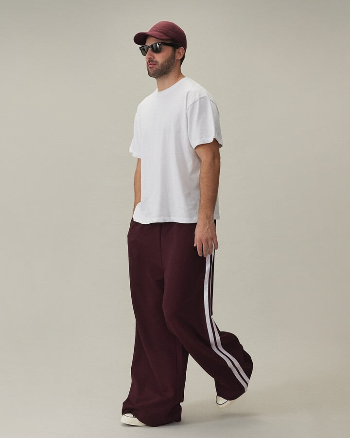 Erkek Kenarı Şeritli Wide Leg Pantolon Bordo