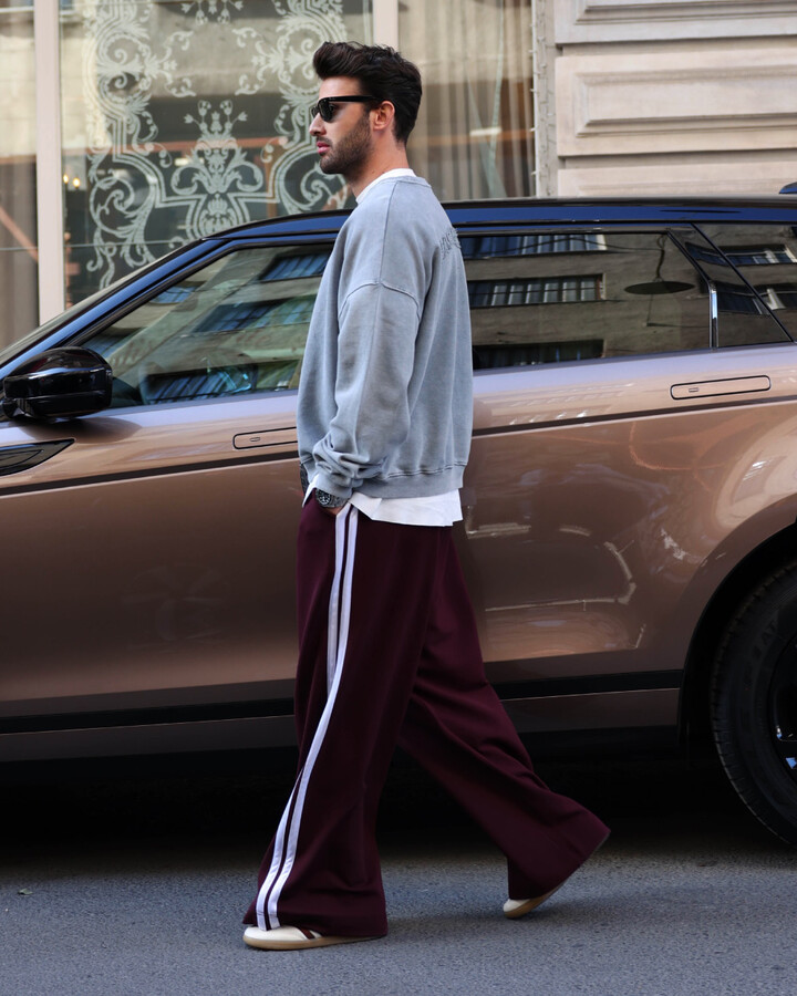 Erkek Kenarı Şeritli Wide Leg Pantolon Bordo
