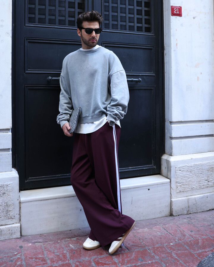 Erkek Kenarı Şeritli Wide Leg Pantolon Bordo