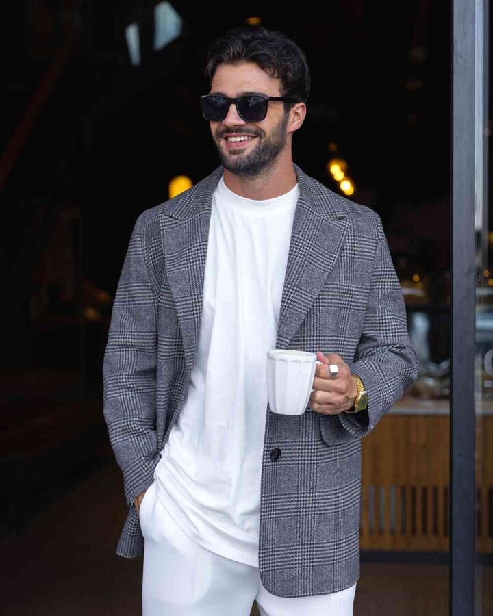 Erkek Limited Dad Blazer Ceket Gri Ekose
