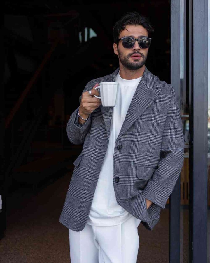Erkek Limited Dad Blazer Ceket Gri Ekose
