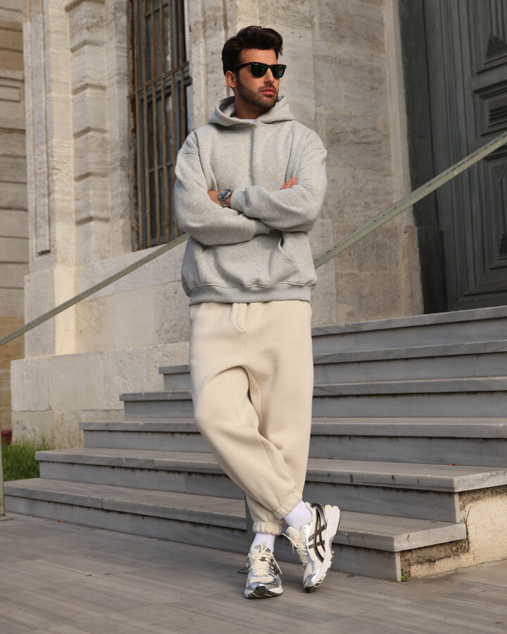 Erkek Melanj Kapüşonlu Hoodie Gri