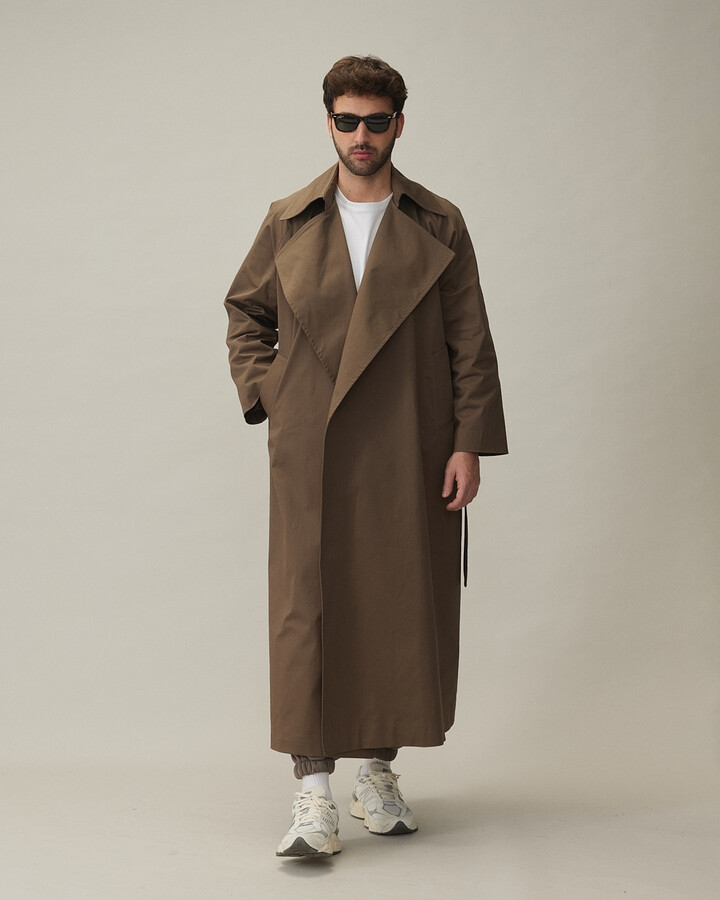 Erkek Minimal Oversize Uzun Trençkot Haki
