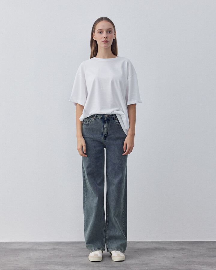 Yüksek Bel Wide Leg Jean Eskitme Mavi