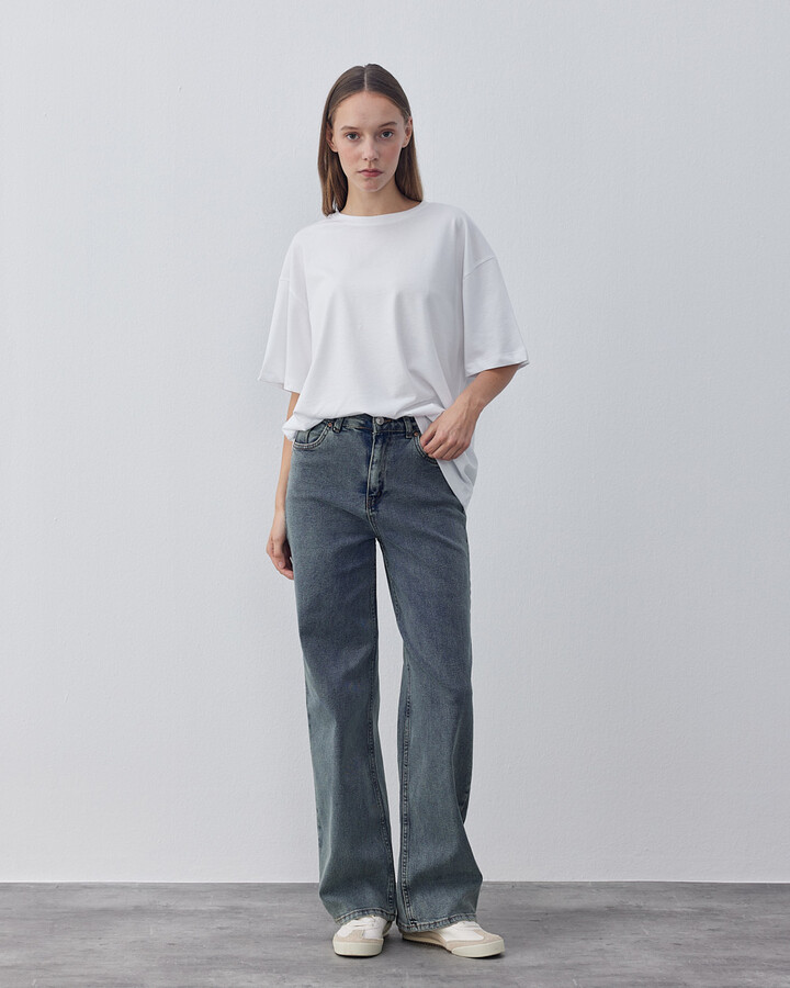 Yüksek Bel Wide Leg Jean Eskitme Mavi