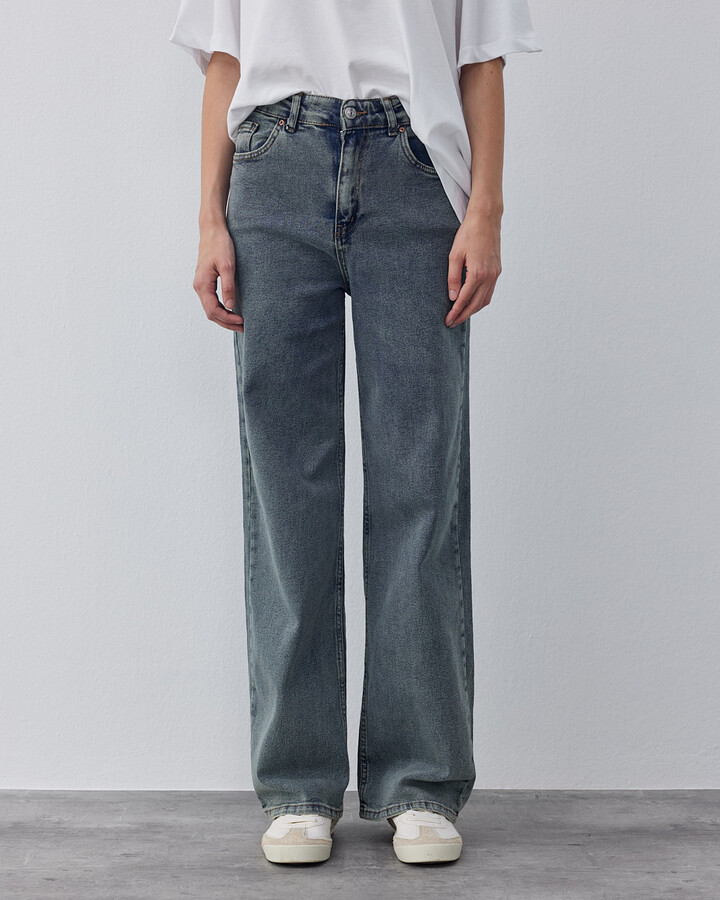 Yüksek Bel Wide Leg Jean Eskitme Mavi