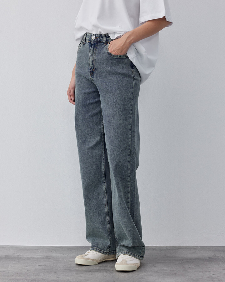 Yüksek Bel Wide Leg Jean Eskitme Mavi