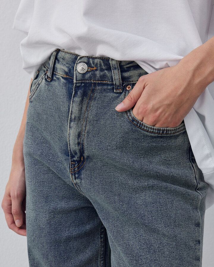 Yüksek Bel Wide Leg Jean Eskitme Mavi