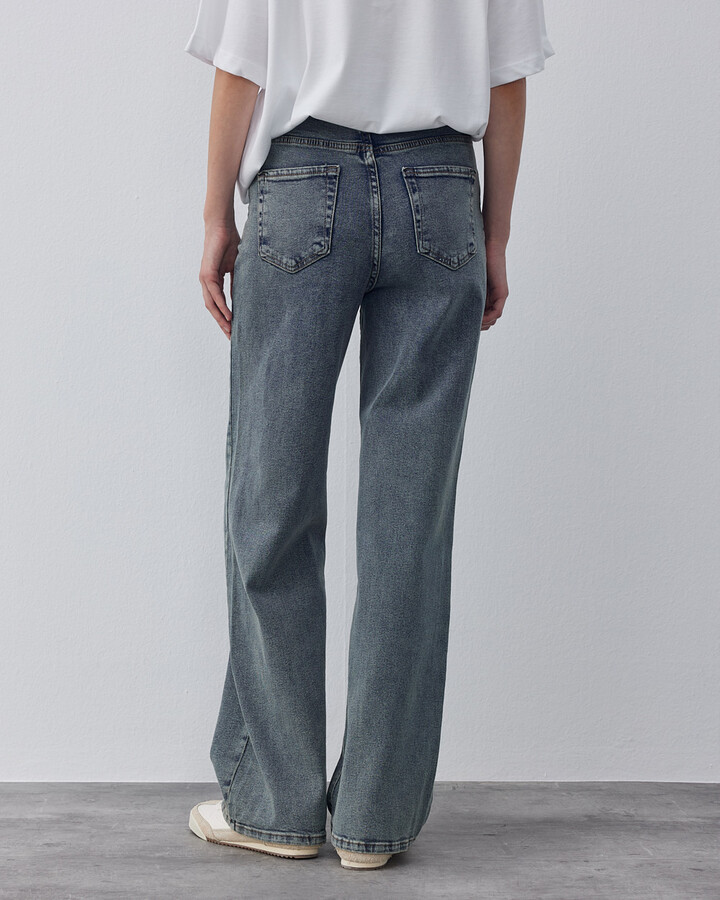Yüksek Bel Wide Leg Jean Eskitme Mavi